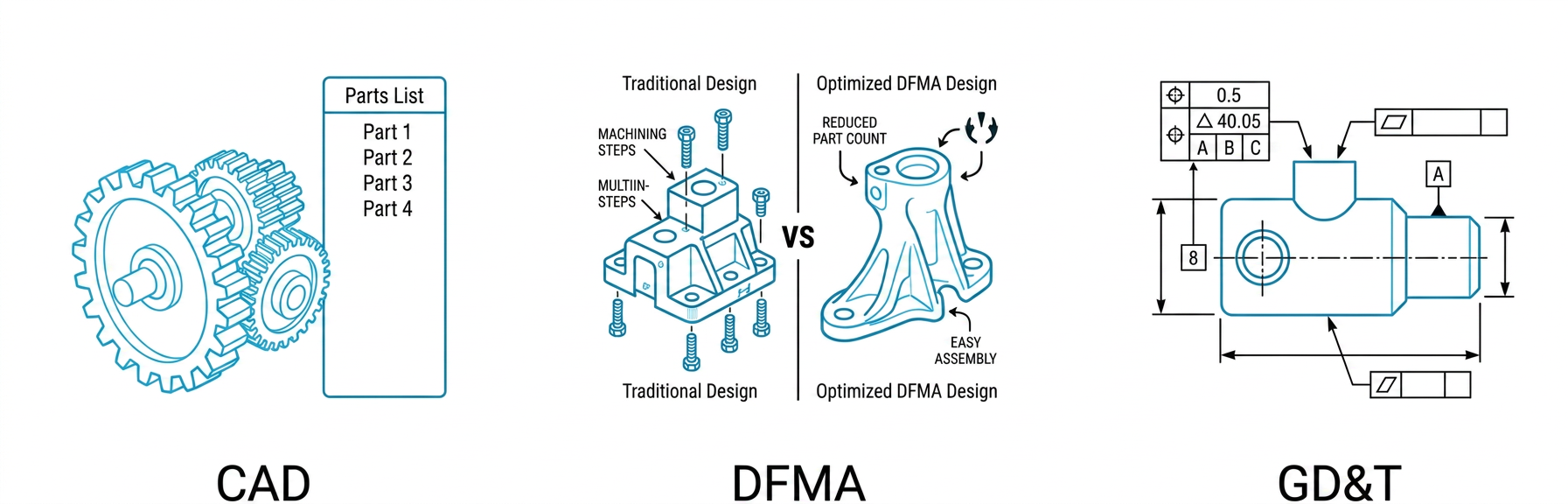 Icons representing CAM, process, toolpath, CNC mill, precision, control, additive manufacturing, filament, and 3D printing technology.